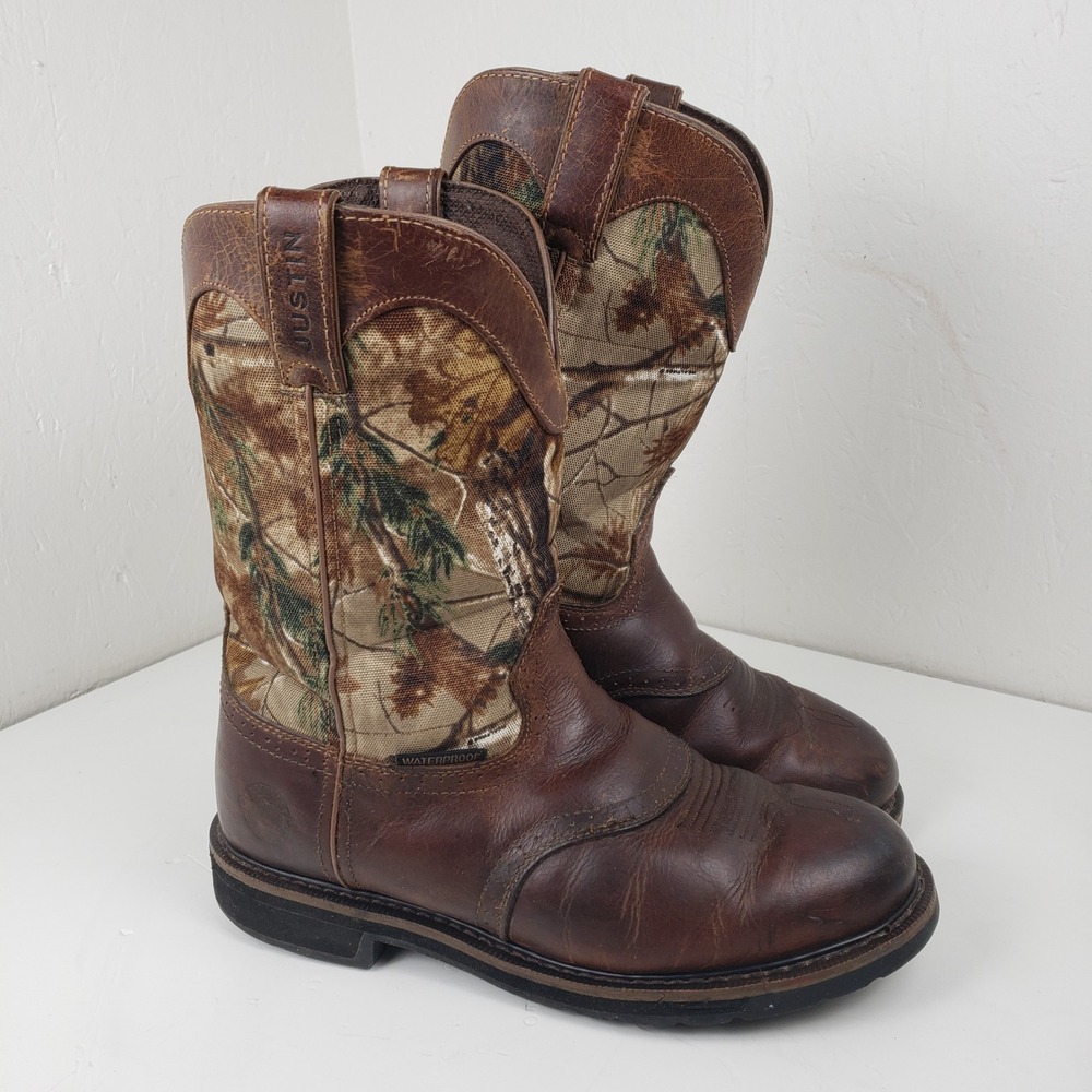 Justin Mens WK4675 Waterproof Camo Work Boots Brown Leather 10.5 EE Wide